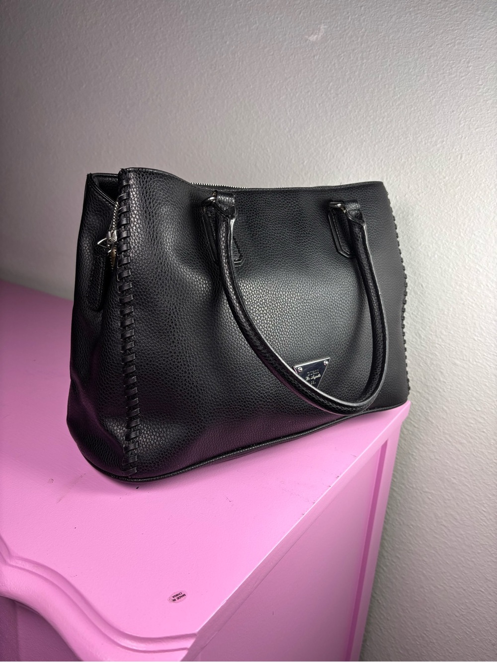 GUESS Black Pebbled Leather Tote with Silver Hardware - Picture 2 of 14
